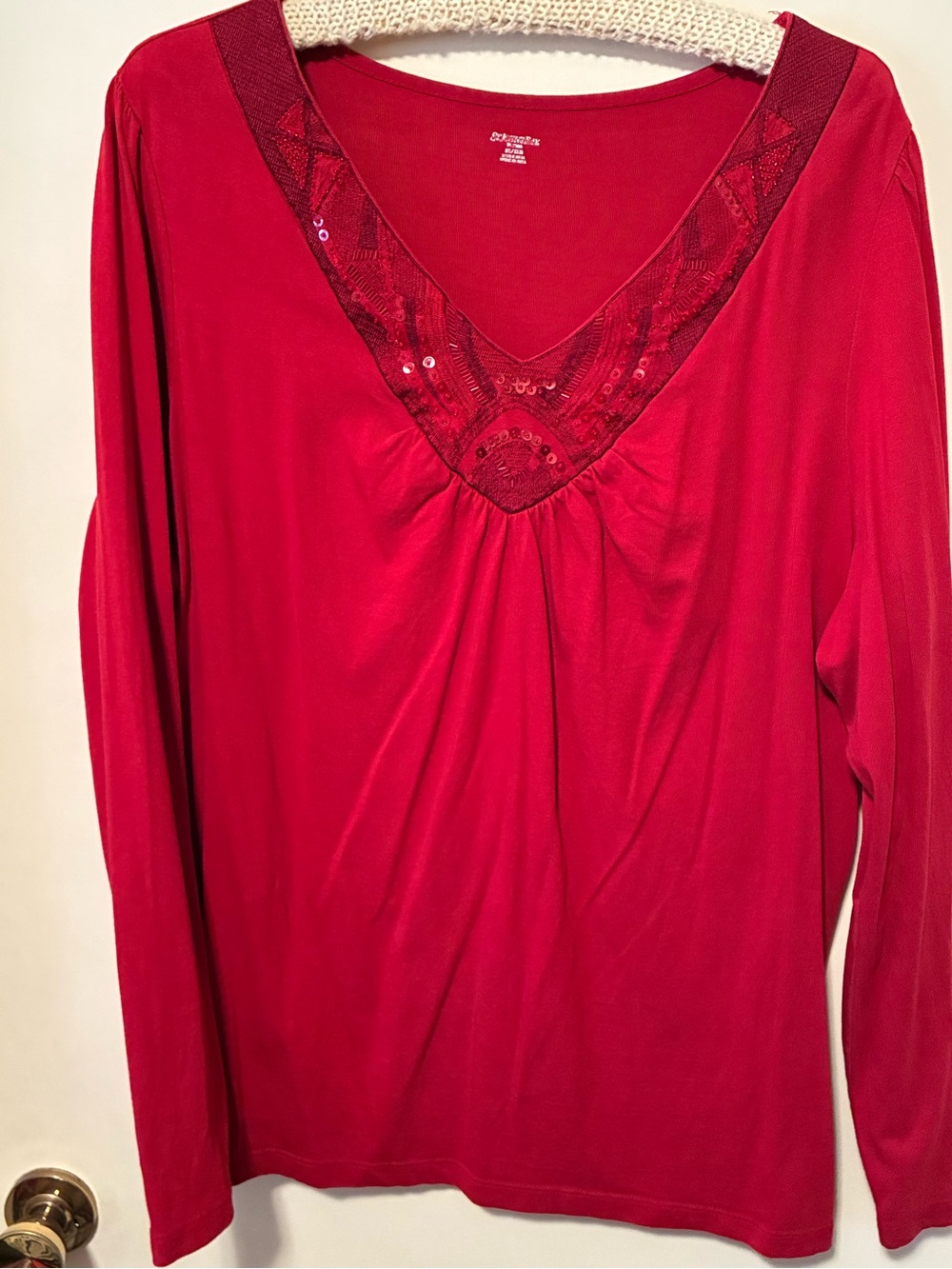St. John's Bay Embelished Red V-Neck Long Sleeve Top